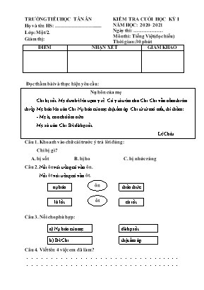 Đề kiểm tra cuối học kỳ I môn Tiếng Việt Lớp 1(Cánh diều) - Phần Đọc hiểu - Năm học 2020-2021